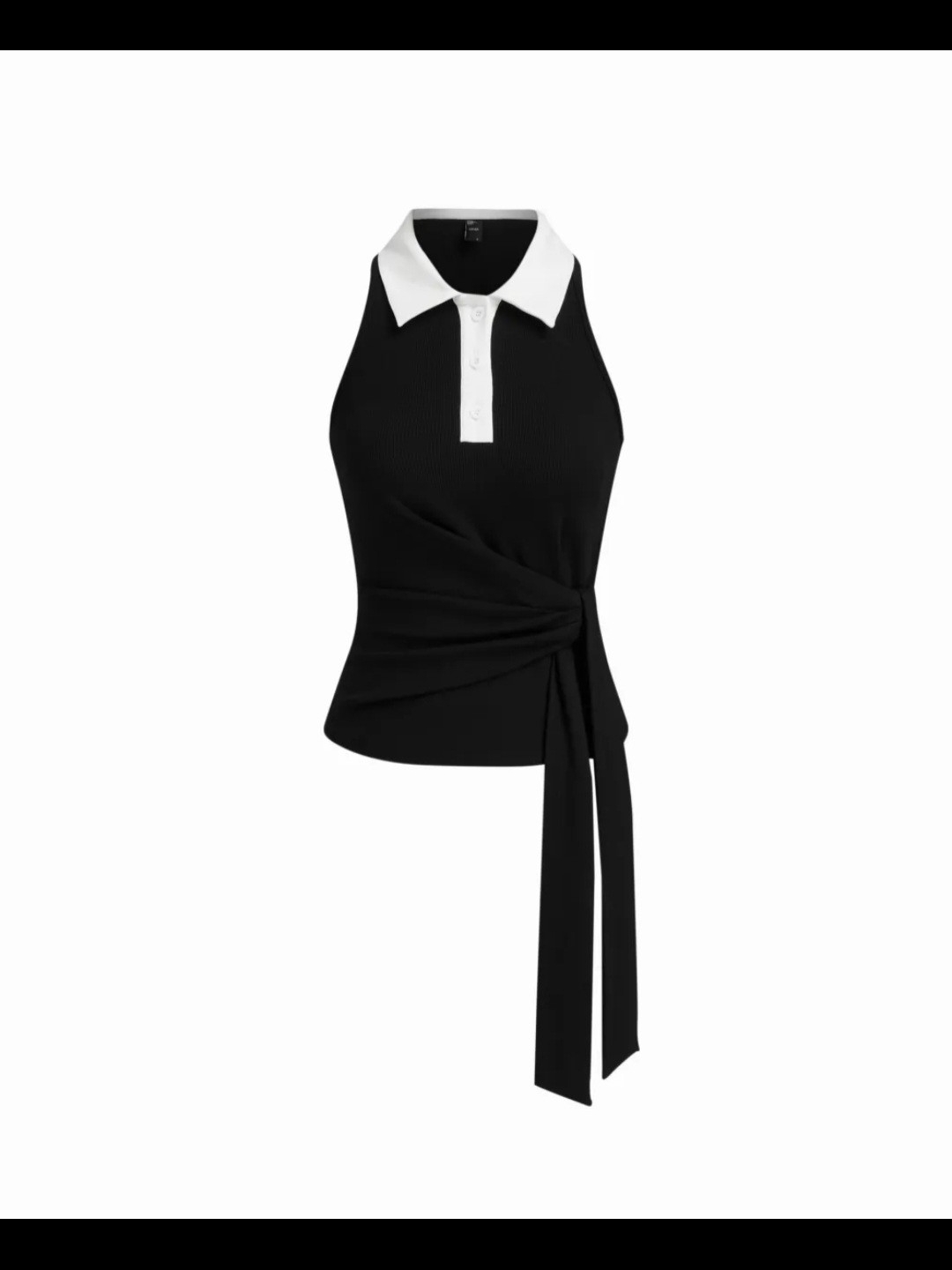 Cider Black Sleeveless Polo Tank With White Contrast Collar And Tie Waist